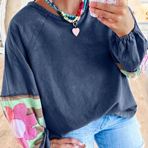 Blue Cute Women's Free Style Drop Raglan Shoulder Solid Floral Oversized Sweater